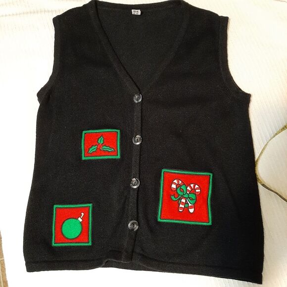 VINTAGE Christmas Ugly Vest Black Festive Medium /Large - Picture 1 of 8